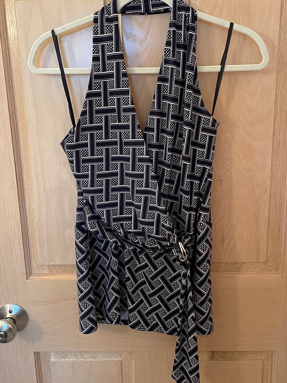 White House Black Market Navy and White Geometric Top